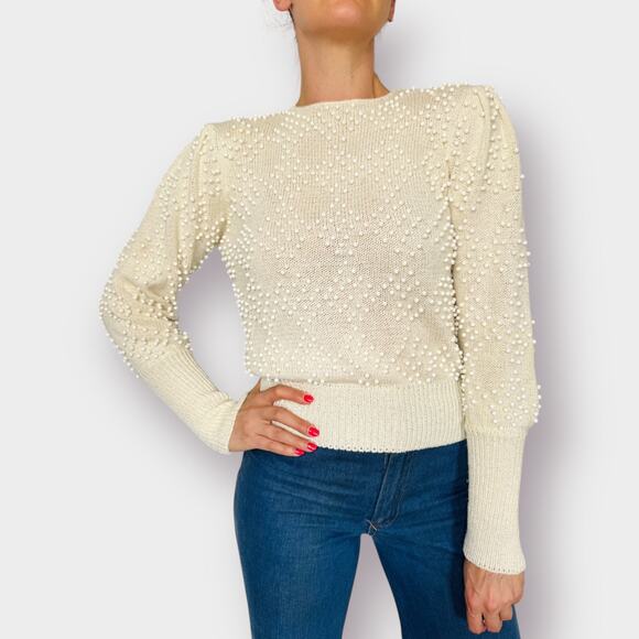 80s Cream sweater with Beads Size M - Picture 3 of 9